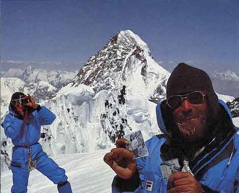 
Reinhold Messner photographs Sher Khan and Nazir Sabir on Broad Peak Summit on August 2, 1982 with K2 in background - 3x8000 Mein grosses Himalaja-Jahr: Kangchendzoonga, Gasherbrum II, Broad Peak, Cho Oyu book

